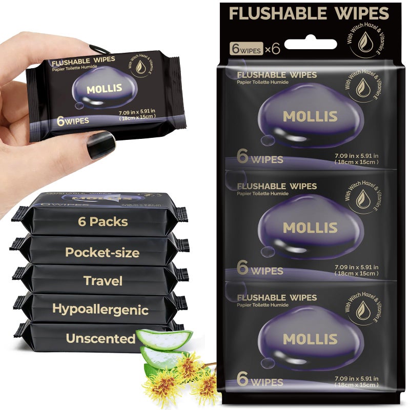 MOLLIS Flushable Feminine Wipes with Witch Hazel & Vitamin E, Unscented & Alcohol-Free, Travel Size Mini Packs, 100% Plant-Based, Sewer & Septic Safe, 6 Packs (36 Wipes Total) - Image 1