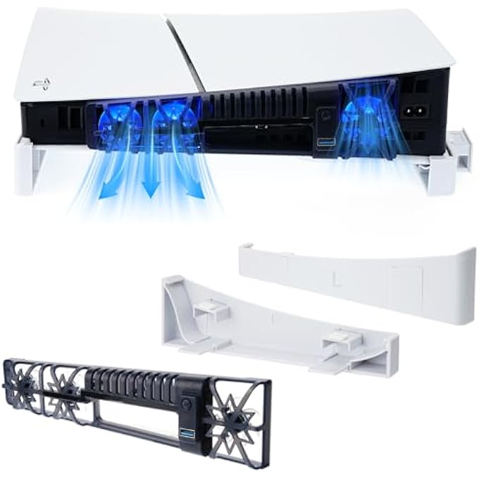 rayihni حامل أفقي مع مروحة تبريد صامتة لجهاز PS5 سليم، متوافق مع إصدارات بلاي ستيشن 5 سليم القرص والرقمي، مع ضوء RGB LED مدمج، منفذ USB 3.0 إضافي - Image 1