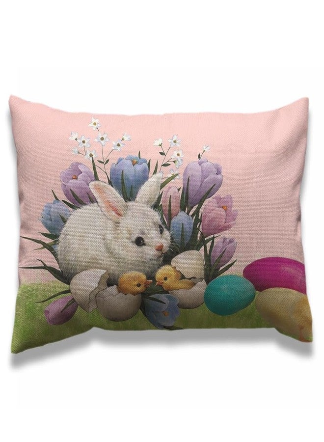 AOYEGO White Rabbit Colorful Eggs Pillow Case 12x20 Inch Easter Flower Chick Rectangle Throw Pillow Covers Home Decor Cotton Linen Cushion for Men Women Boys Girls - Image 1