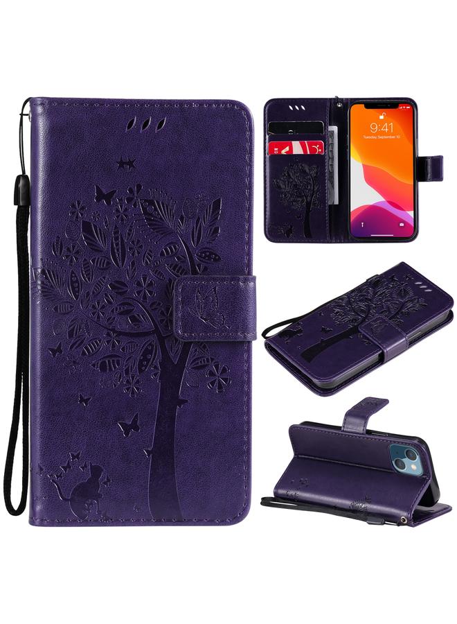 S-TOP Case For iPhone 13 mini Tree & Cat Pattern Pressed Printing Horizontal Flip PU Leather Case with Holder & Card Slots & Wallet & Lanyard - Image 1
