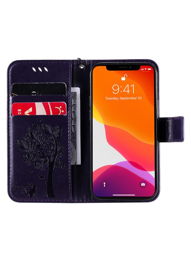 S-TOP Case For iPhone 13 mini Tree & Cat Pattern Pressed Printing Horizontal Flip PU Leather Case with Holder & Card Slots & Wallet & Lanyard - Image 5