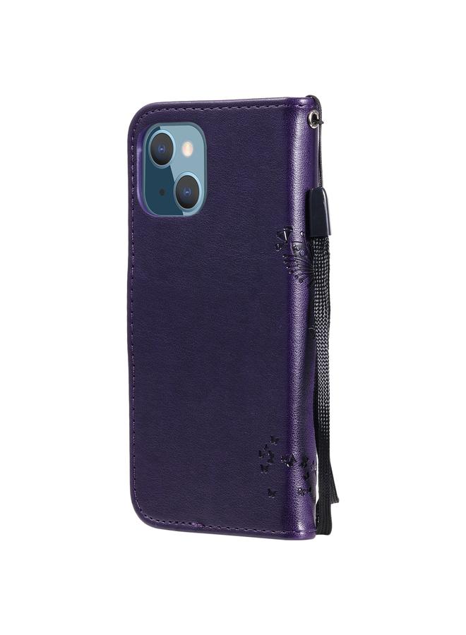 S-TOP Case For iPhone 13 mini Tree & Cat Pattern Pressed Printing Horizontal Flip PU Leather Case with Holder & Card Slots & Wallet & Lanyard - Image 4