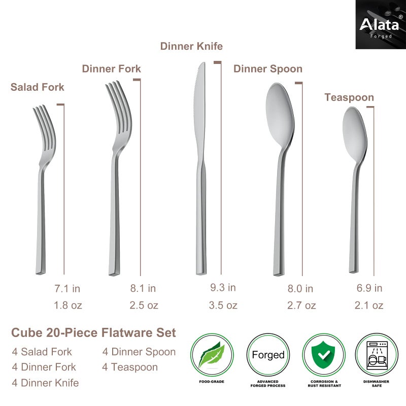 Alata Cube 20-Piece Forged Silverware Set Stainless Steel Flatware Set,Service for 4,Matte Satin Polished Cutlery Set,Dishwasher Safe - Image 4