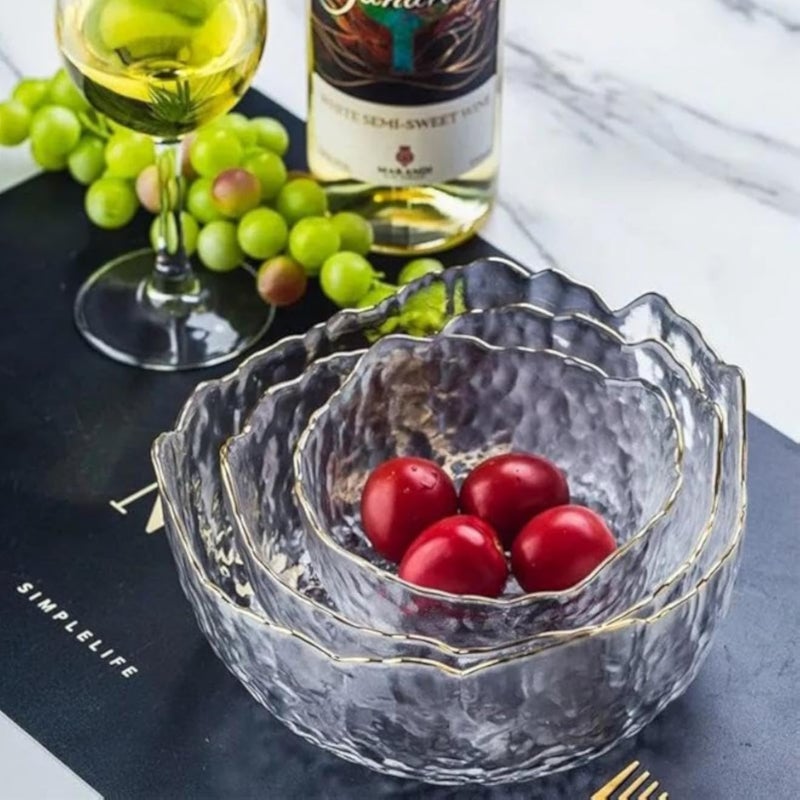 Glass Bowl Trio - Stylish White and Gold Made of High-Quality Material, Versatile Serving Sets for Salads, Dips, Fruits, and Snacks, Elegant Table Decor