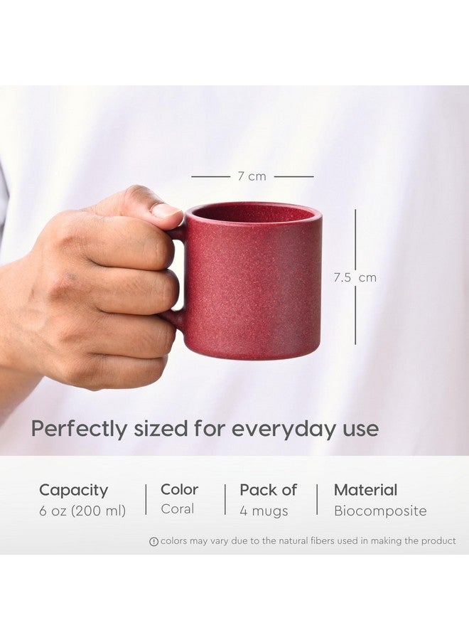 Eha Earth-Friendly Comfy Coffee Cup Set of 4 | 200 ml | Made with Rice Husk & Bamboo Fibers | Microwave Safe | for Hot & Cold Coffee Mug, Tea & Milk | Natural Matte Finish | Coral - Image 2