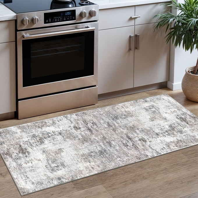 MODERN ABSTRACT RUNNER 2X5 BEIGE GREY WASHABLE KITCHEN ENTRYWAY RUG MAT NONSLIP SOFT NEUTRAL HALLWAY RUG THIN PRINT FAUX WOOL CARPET FOR BEDROOM LAUNDRY ROOM INDOOR