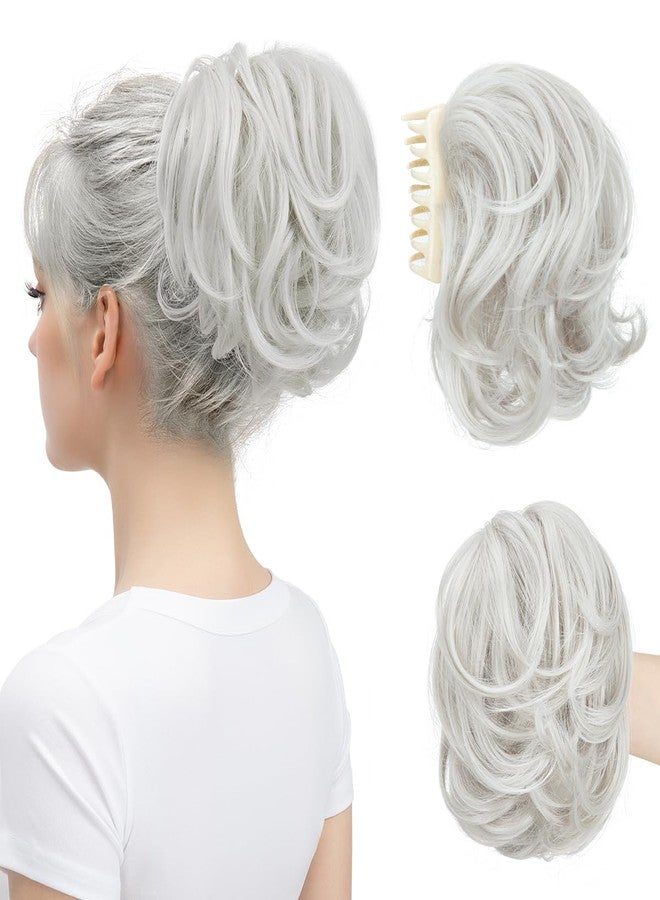 youngways Claw Clip Short Ponytail Messy Bun Hair Piece Bendable Hair Branch Extensions Fluffy Wavy Curly Synthetic Versatile White Hairpieces - Image 1