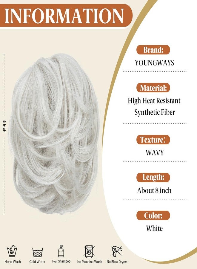 youngways Claw Clip Short Ponytail Messy Bun Hair Piece Bendable Hair Branch Extensions Fluffy Wavy Curly Synthetic Versatile White Hairpieces - Image 3
