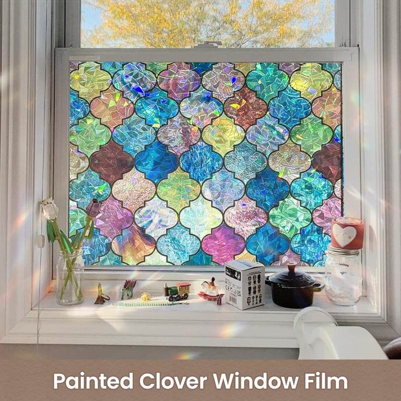 ADD.HERES Stained Glass Window Privacy Film, 3D Static Cling Removable Window Clings, Heat Control Sun Blocking Window Film for Bathroom,Front Door,Home,Painted Four-Leaf Clover,17.3" x 78.7" - Image 5