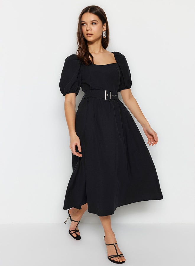 trendyol Black Belt Waist Opening Square Collar Midi Woven Dress - Image 3