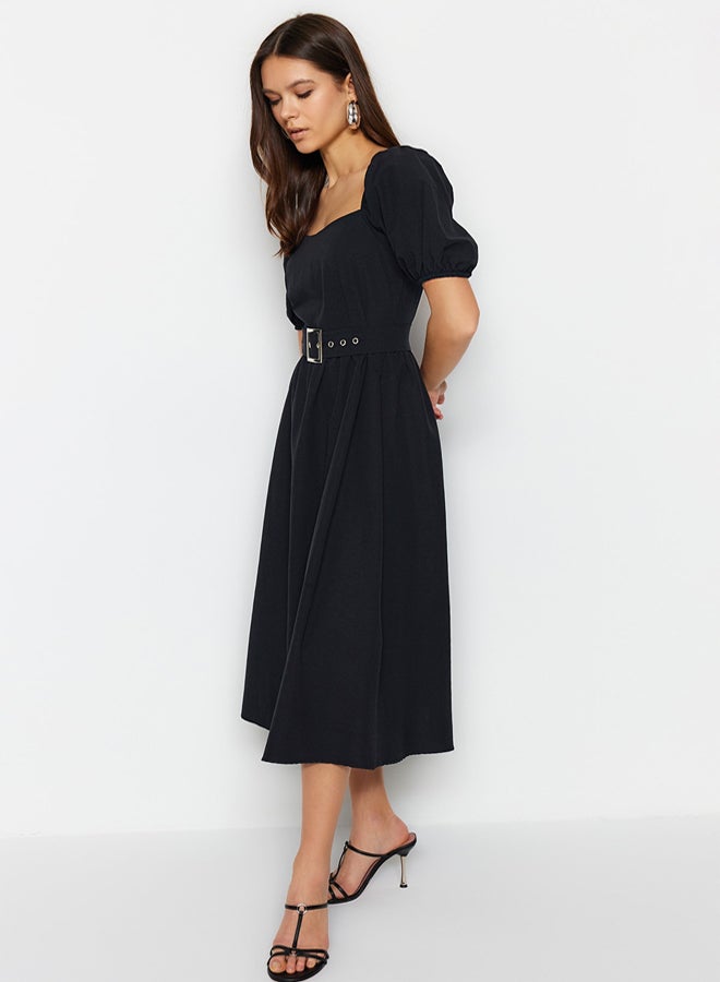 trendyol Black Belt Waist Opening Square Collar Midi Woven Dress - Image 2