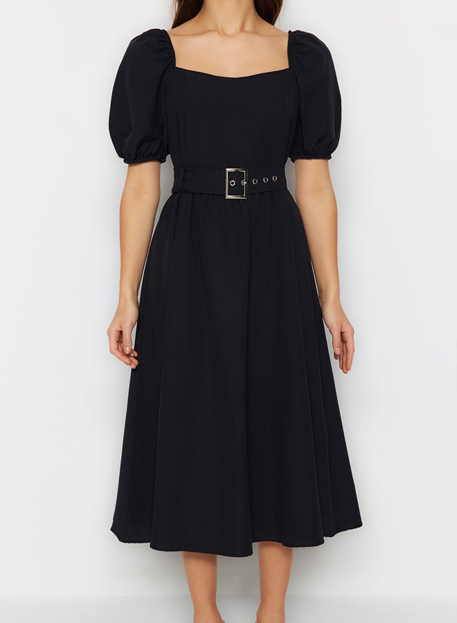 trendyol Black Belt Waist Opening Square Collar Midi Woven Dress - Image 4