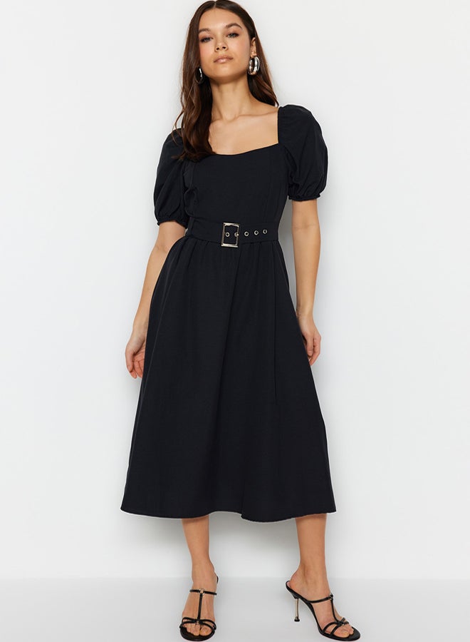 trendyol Black Belt Waist Opening Square Collar Midi Woven Dress - Image 1