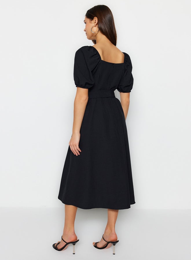 trendyol Black Belt Waist Opening Square Collar Midi Woven Dress - Image 5