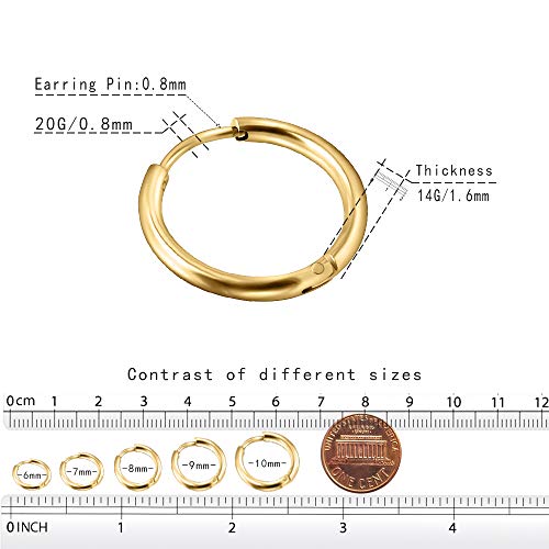 EACHLP 6Pcs 316L Surgical Stainless Steel Small Gold Huggie Hoop Earrings 6mm 8mm 10mm Hypoallergenic Earrings Hoop Cartilage Helix Lobes Hinged Sleeper Earrings for Men Women （6mm 8mm 10mmGold） - Image 3