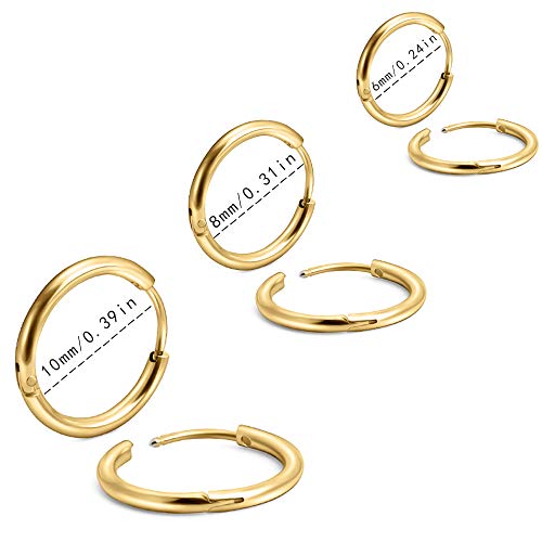 EACHLP 6Pcs 316L Surgical Stainless Steel Small Gold Huggie Hoop Earrings 6mm 8mm 10mm Hypoallergenic Earrings Hoop Cartilage Helix Lobes Hinged Sleeper Earrings for Men Women （6mm 8mm 10mmGold） - Image 2