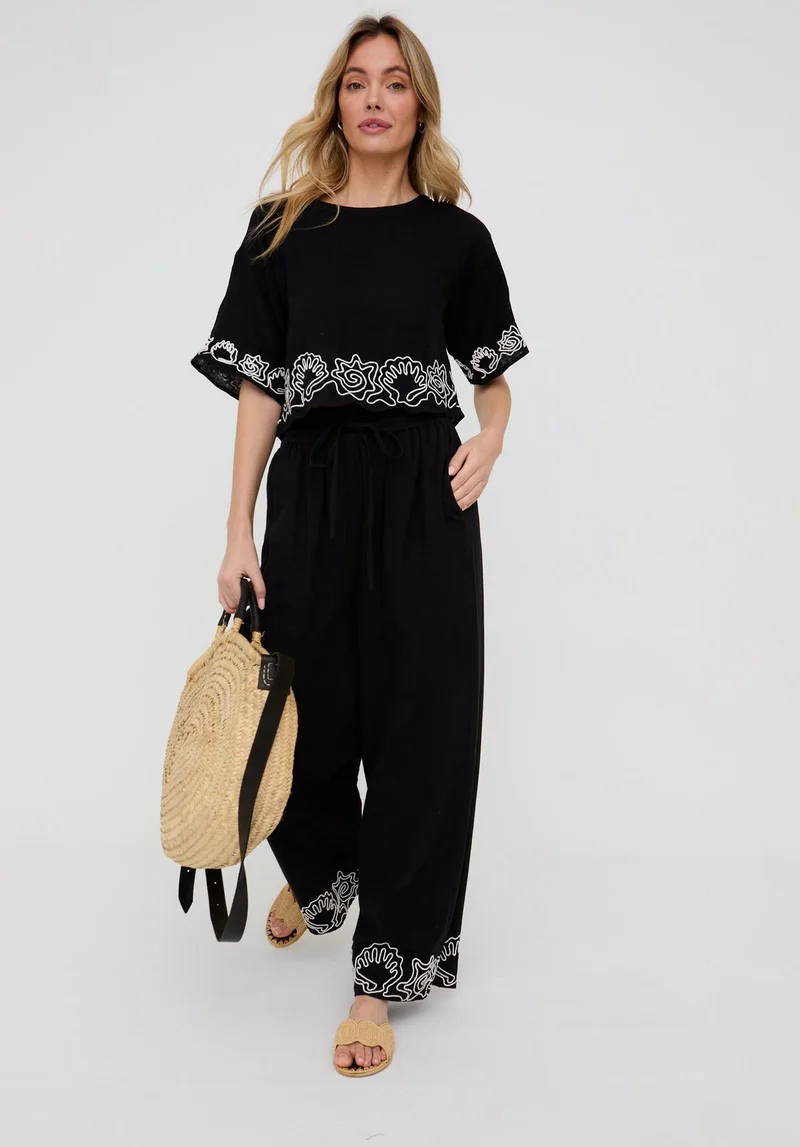 رافاي Milly Wide Leg Embroidered Trouser In Black