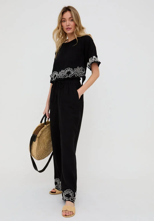 رافاي Milly Wide Leg Embroidered Trouser In Black