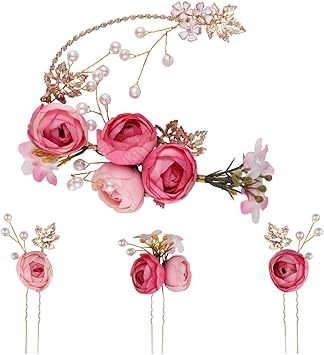 Lurrose 5 Pieces Rose Hair Pins Ushaped Hair Pins Bridal Bridesmaid Hair Accessories for Wedding Prom Pink - Image 1