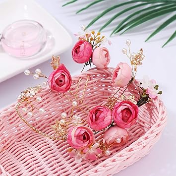 Lurrose 5 Pieces Rose Hair Pins Ushaped Hair Pins Bridal Bridesmaid Hair Accessories for Wedding Prom Pink - Image 2