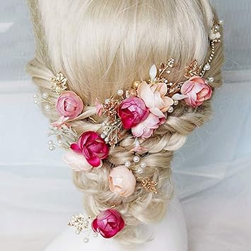 Lurrose 5 Pieces Rose Hair Pins Ushaped Hair Pins Bridal Bridesmaid Hair Accessories for Wedding Prom Pink - Image 3