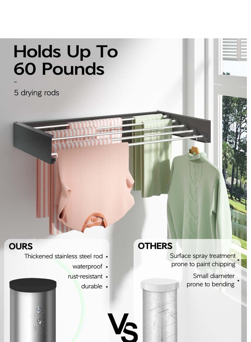 MIXDE Wall Mounted Clothes Drying Rack 31.5 inches,5 RodsFoldable Wall Mount Laundry Drying Rack Folding Indoor, Drying Rack Clothing Collapsible,Towel Drying Rack with Wall Template - Image 3