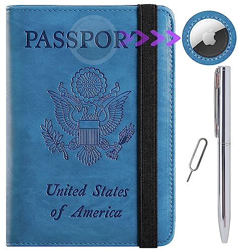 PASCACOO Airtag Passport Holder Cover Wallet Travel Essentials RFID Blocking Leather Card Case International Must Haves Travel Accessories for Women Men(119#Blue) - Image 1