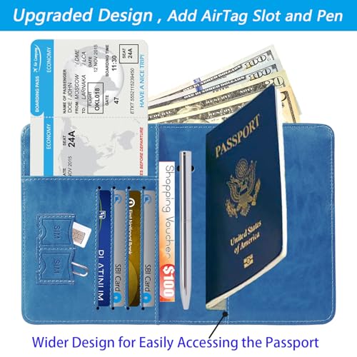 PASCACOO Airtag Passport Holder Cover Wallet Travel Essentials RFID Blocking Leather Card Case International Must Haves Travel Accessories for Women Men(119#Blue) - Image 3