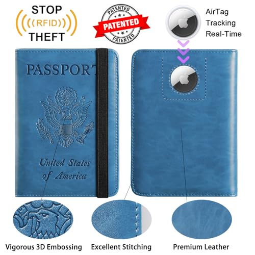 PASCACOO Airtag Passport Holder Cover Wallet Travel Essentials RFID Blocking Leather Card Case International Must Haves Travel Accessories for Women Men(119#Blue) - Image 2