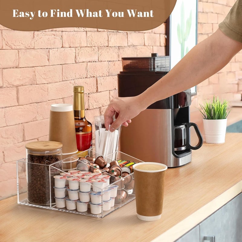 Al Raied ARS® Acrylic Coffee Bar Station Organizer for Countertop - Clear Snack and Tea Storage Holder for Kcup Pods, Condiment Cups, Sugar, Creamer, and Syrup - Image 2