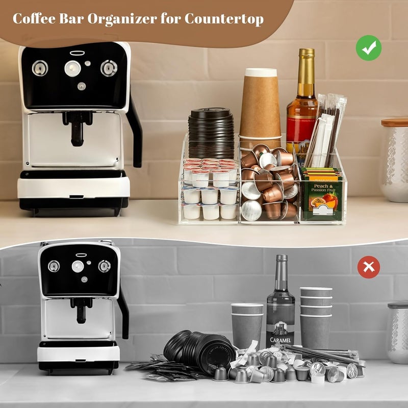 Al Raied ARS® Acrylic Coffee Bar Station Organizer for Countertop - Clear Snack and Tea Storage Holder for Kcup Pods, Condiment Cups, Sugar, Creamer, and Syrup - Image 4