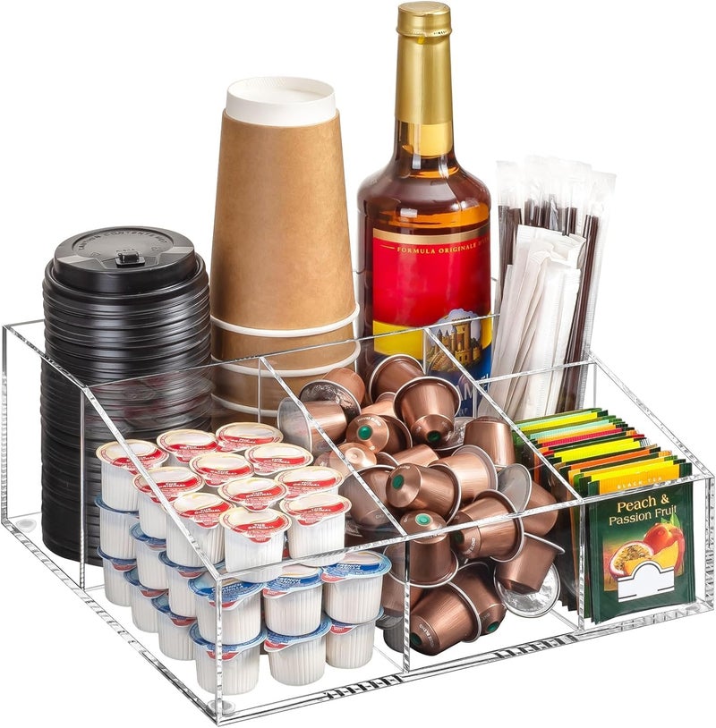 Al Raied ARS® Acrylic Coffee Bar Station Organizer for Countertop - Clear Snack and Tea Storage Holder for Kcup Pods, Condiment Cups, Sugar, Creamer, and Syrup - Image 1