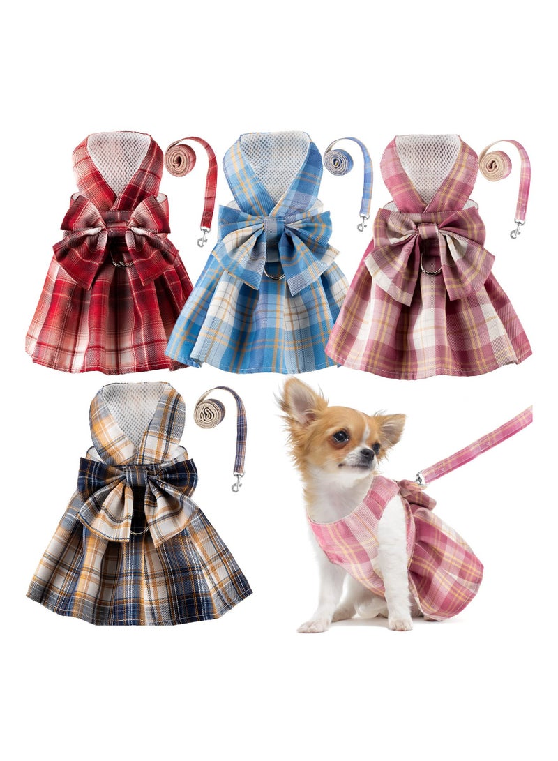 SYOSI 4 Pcs Plaid Dog Dress Bow Tie Harness Leash Set Harness Dress for Small Dogs Cute Dog Pet Girl Puppy Summer Clothes for Female Summer Bunny Rabbit Clothes Yorkie Chihuahua Training Walking (S) - Image 1