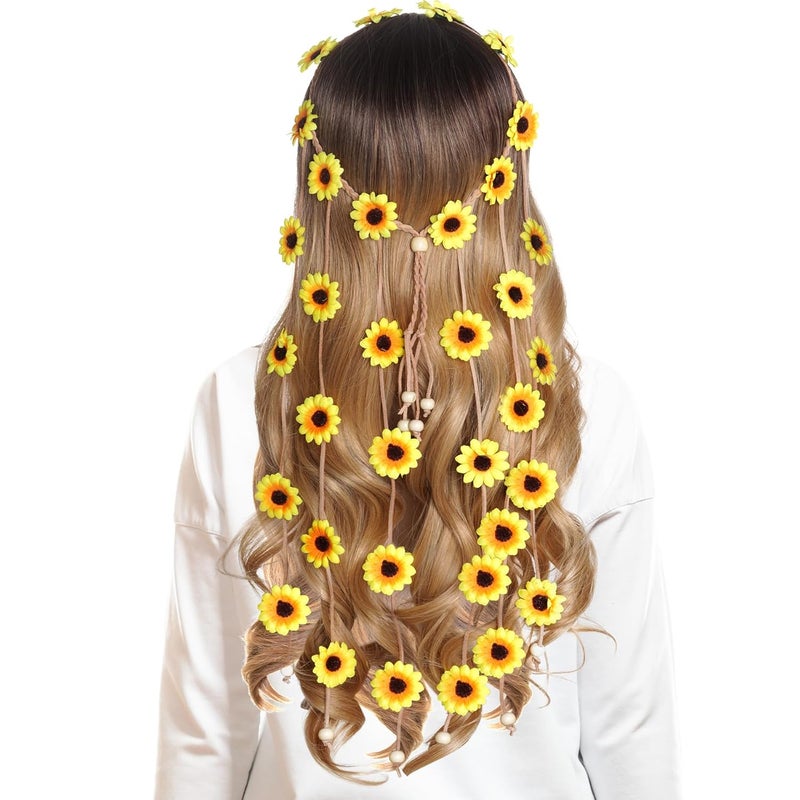 Sucrain 1pcs Flower Hippie Headband Floral Crown Summer Sunflower Hair Accessories for 70 s Bohemian Costumes Style Yellow