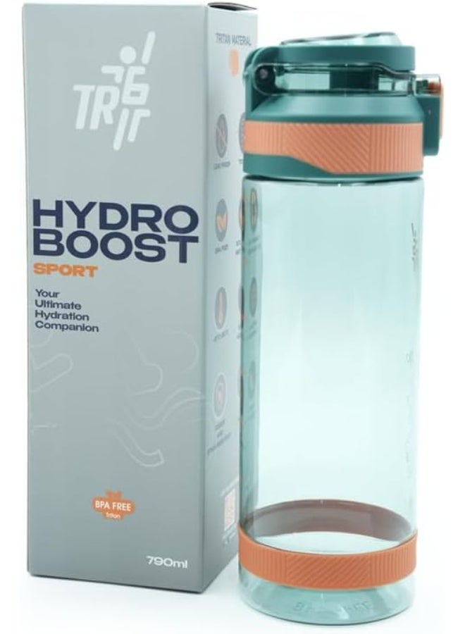TR6 Hydra Boost Sport Clear Gym Bottle Leak Proof BPA Free Flip Lock Lid Carry Holder Lightweight for Gym Office Travel Hydration Tracker with Markings 790ml (Turqoise Blue, 790 ml)