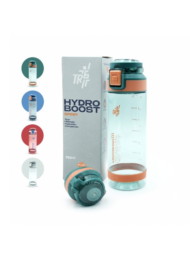 TR6 زجاجة رياضية شفافة TR6 Hydra Boost Sport مقاومة للتسرب وخالية من مادة BPA مع غطاء قابل للطي وحامل حمل خفيف الوزن للصالة الرياضية والمكتب والسفر ومتتبع الترطيب مع علامات 790 مل (أزرق فيروزي، 790 مل) - Image 1