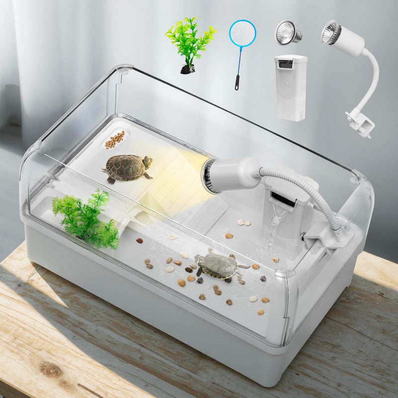AZV Turtle Tank Starter Habitat Kit,Complete Aquatic Terrarium Enclosure with Filter,Basking Platform with Hideout,Multi-Function Area,Drainage,Plants and Lamps,Perfect for Red Eared Slider Aquarium - Image 1