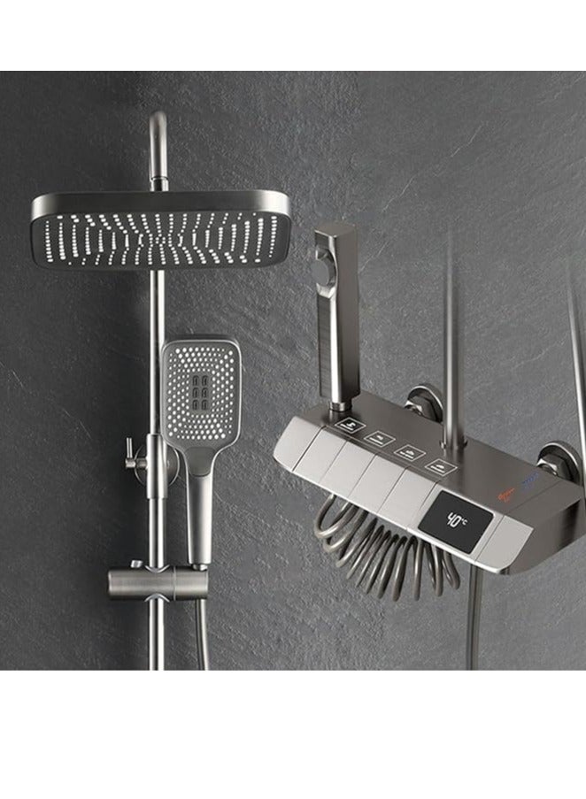 NOVEX مجموعة صنبور الدش الرئيسية بلون رمادي مسدس مع شاشة رقمية، نظام دش مطري بأربعة وظائف، مجموعة صنبور حوض نحاسي مع دش يدوي بثلاثة أوضاع ورشاش بيديت - Image 1