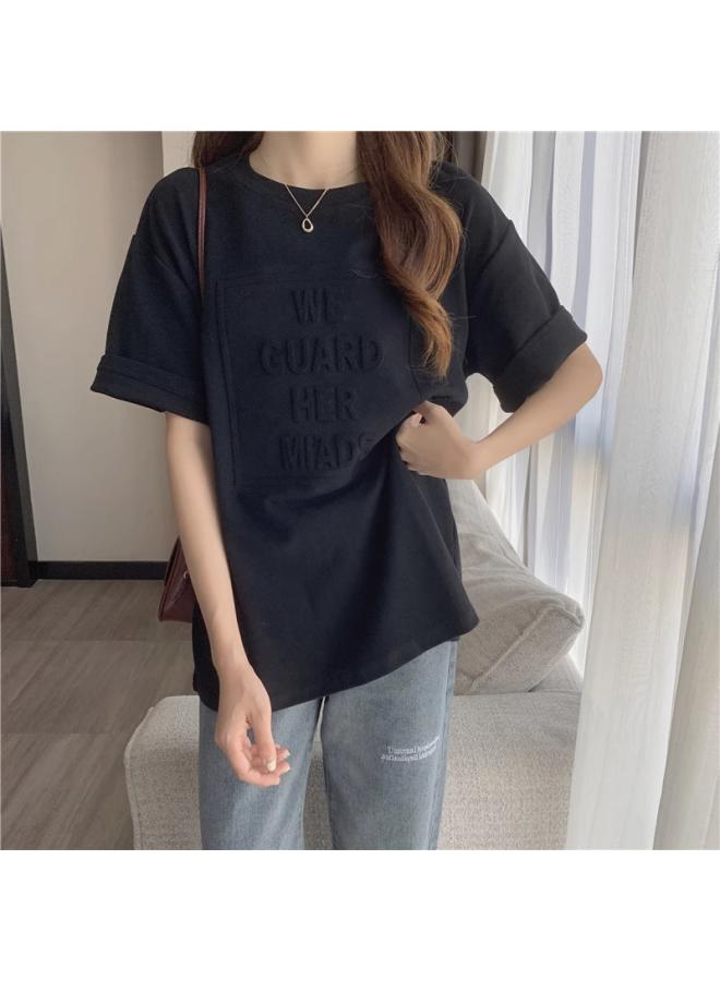 American-style Concave-convex Letter Printing Summer Loose Short Sleeve T-shirt Female Student Top Ladies Base Shirt Women's 