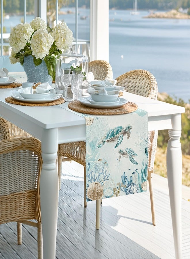 Bonhause Sea Turtle Table Runner 13x72 Inch Nautical Coastal Teal Blue Ocean Theme Summer Kitchen Dinning Table Decoration for Indoor Outdoor Home Party Decor - Image 2