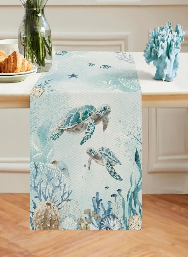 Bonhause Sea Turtle Table Runner 13x72 Inch Nautical Coastal Teal Blue Ocean Theme Summer Kitchen Dinning Table Decoration for Indoor Outdoor Home Party Decor - Image 1