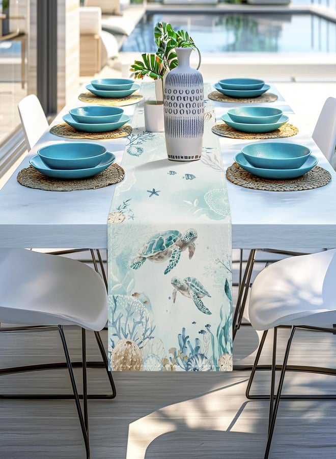 Bonhause Sea Turtle Table Runner 13x72 Inch Nautical Coastal Teal Blue Ocean Theme Summer Kitchen Dinning Table Decoration for Indoor Outdoor Home Party Decor - Image 4
