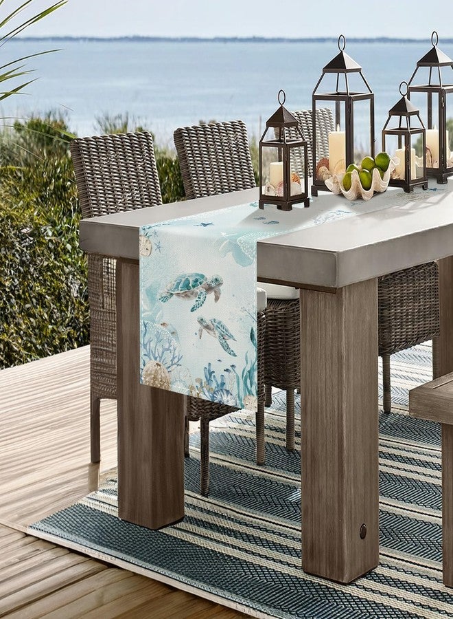 Bonhause Sea Turtle Table Runner 13x72 Inch Nautical Coastal Teal Blue Ocean Theme Summer Kitchen Dinning Table Decoration for Indoor Outdoor Home Party Decor - Image 3