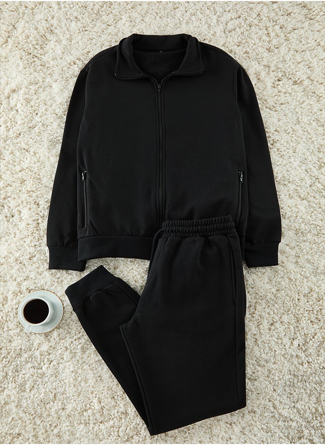 trendyol - Black Regular/Normal Cut Zippered Basic Tracksuit TMNAW25EM00005 - Image 1