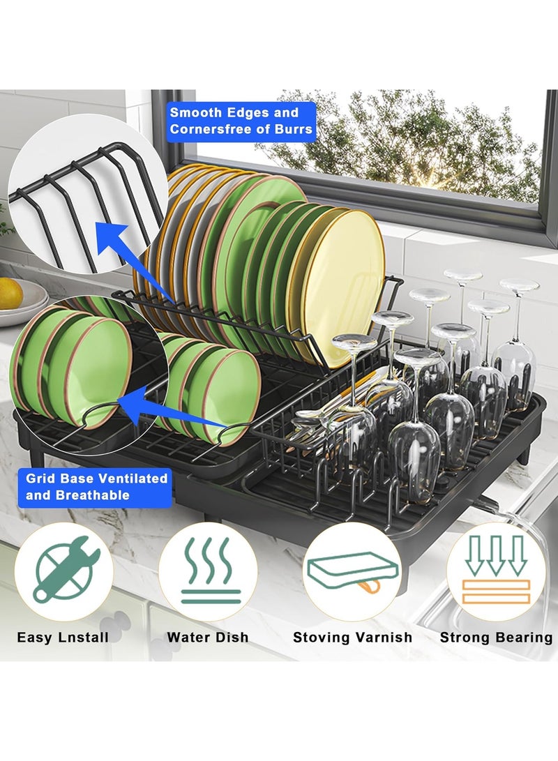 ALASAMCO Dish Drying Rack Large Size Without Installation 2-Tier Metal Dish Rack for Kitchen Counter with Drain Board - Image 5