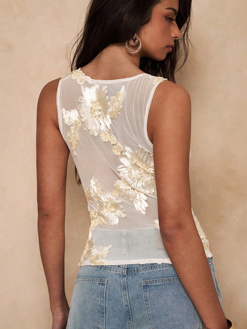 Sheer Mesh Fitted Vest with Heavy Hand-Embroidered Floral Details - Image 2