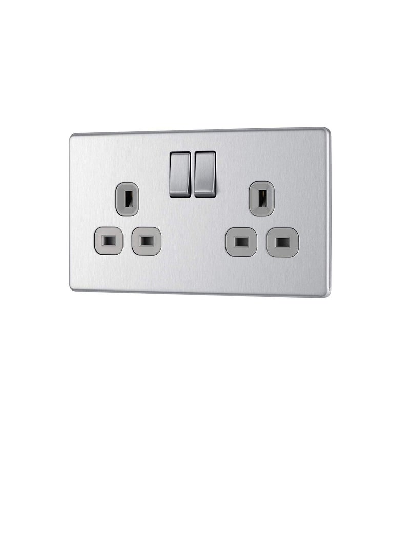 British General Brushed Steel Double Pole Switched Screwless Flat Plate Power Socket,13A 2 Gang - FBS22G  - Image 1