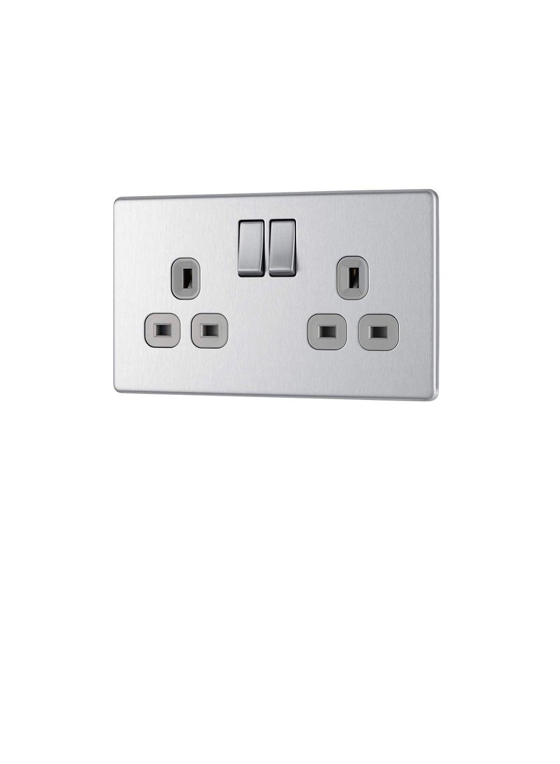 British General Brushed Steel Double Pole Switched Screwless Flat Plate Power Socket,13A 2 Gang - FBS22G  - Image 3