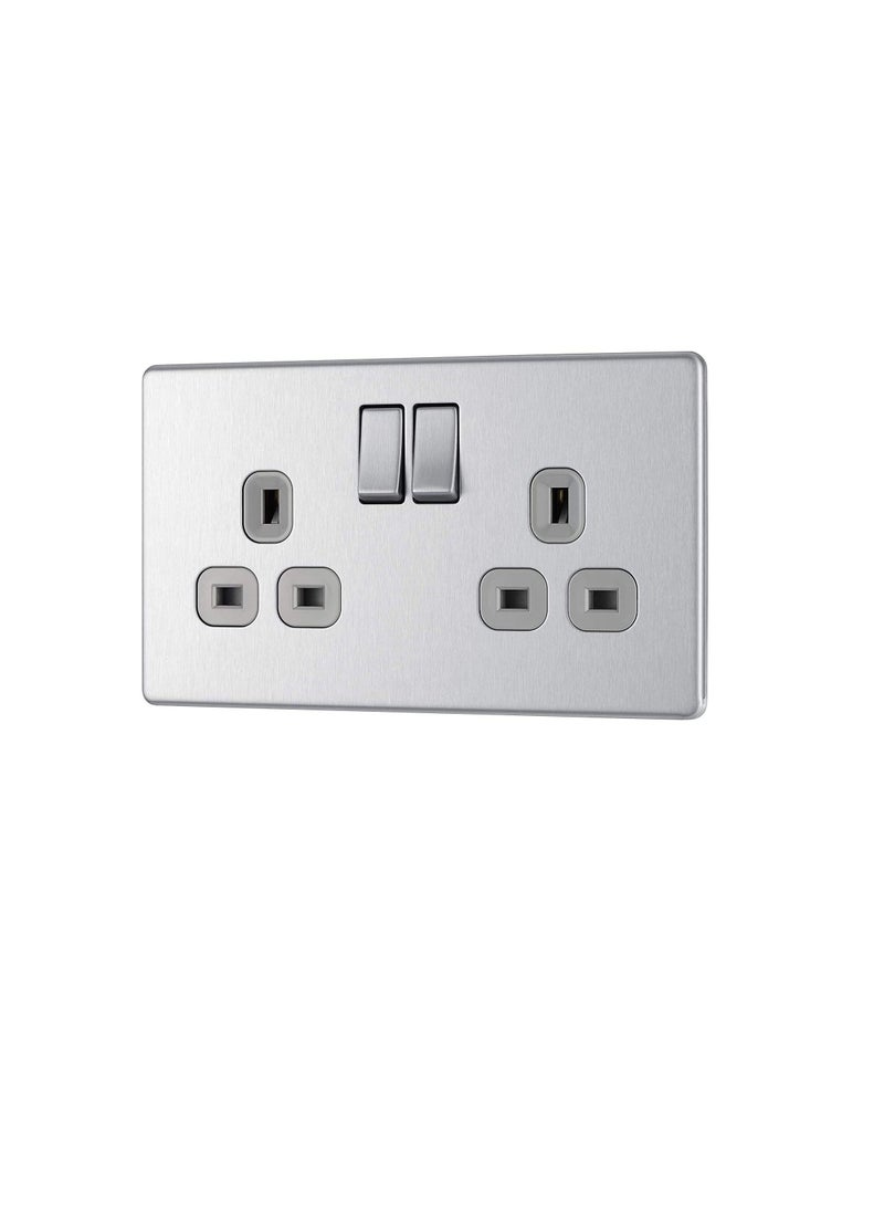 British General Brushed Steel Double Pole Switched Screwless Flat Plate Power Socket,13A 2 Gang - FBS22G  - Image 2
