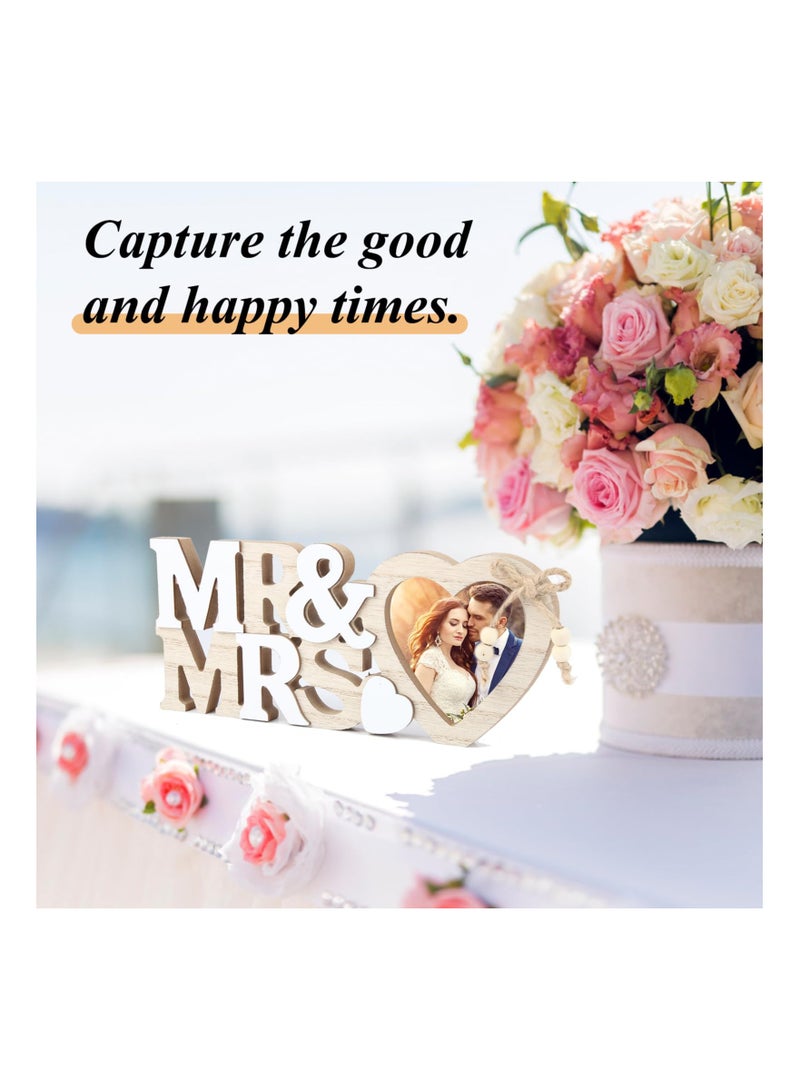 KASTWAVE Mr & Mrs Heart Photo Frame, Personalised Wooden Photo Frames Couple Romantic Frames, Wedding Decorations Gifts for Bride and Groom Tabletop Picture Display Newlywed Anniversary  - Image 2